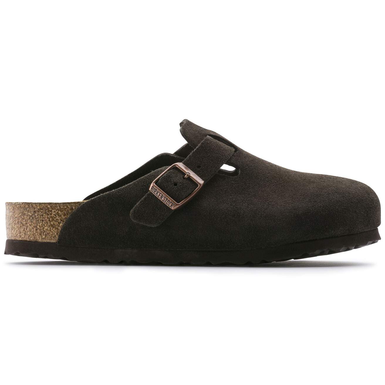 Side view on white background of Womens Birkenstock Boston running shoe in Mocha Suede, Narrow width