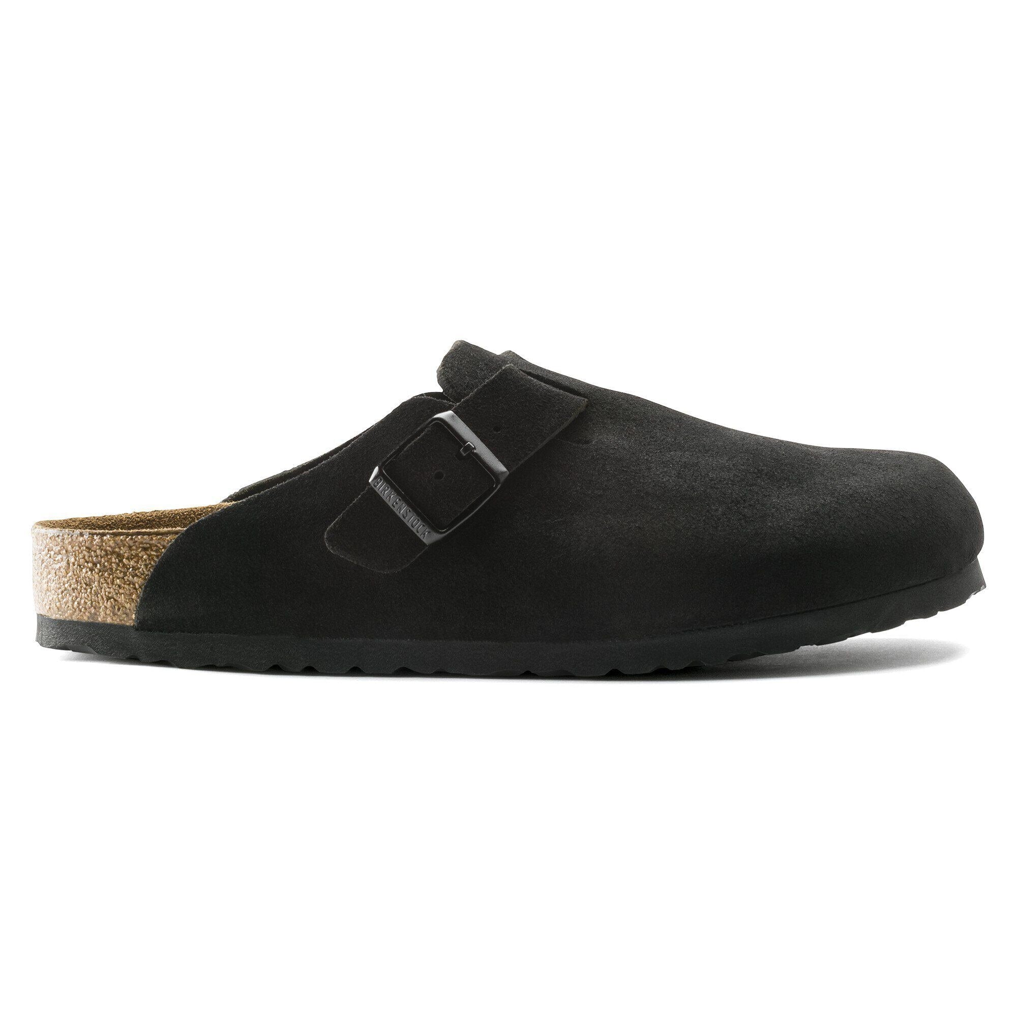 Side view on white background of Mens Birkenstock Boston running shoe in Black Suede, Medium (Regular) width
