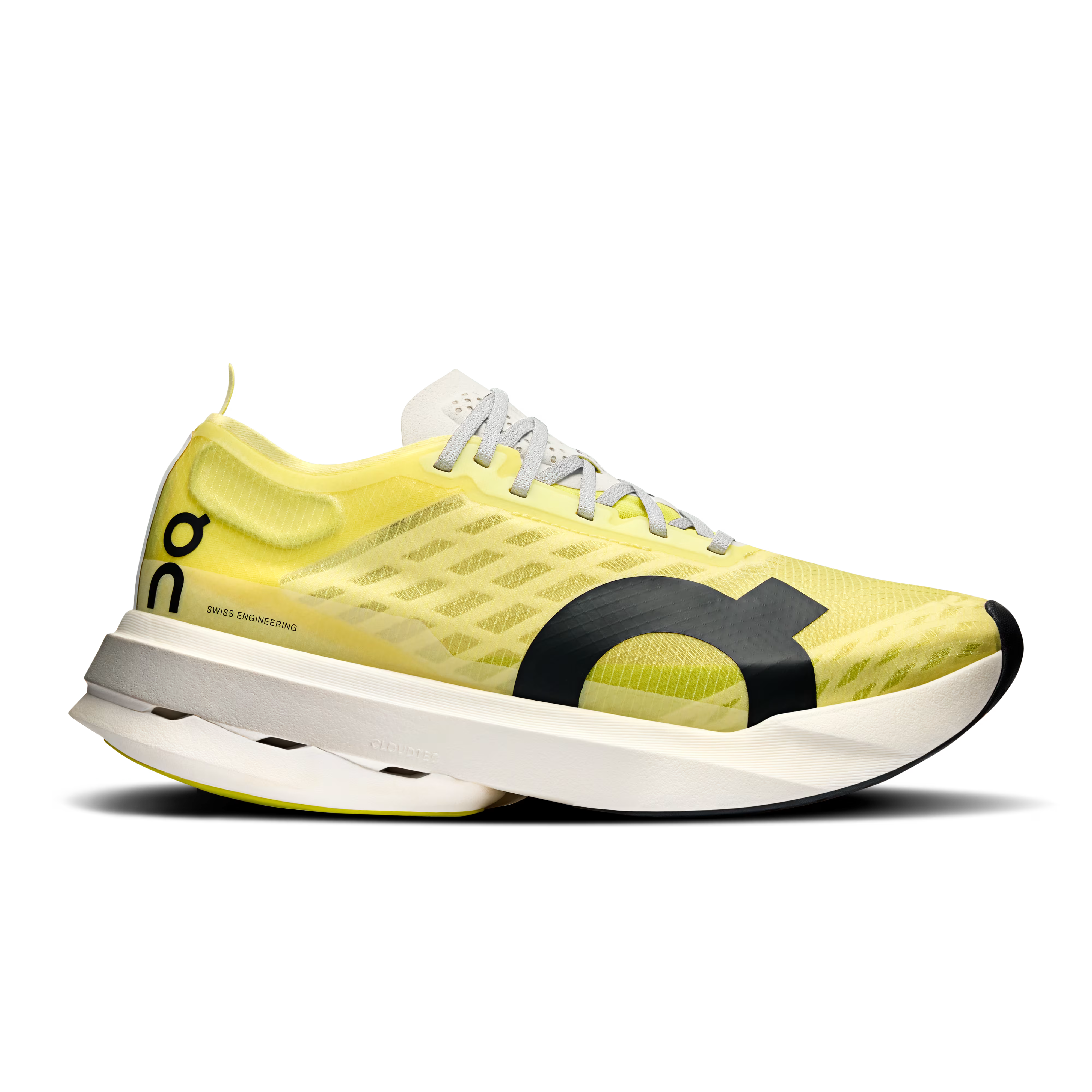 Side view on white background of Womens On Cloudboom Strike running shoe in Limelight/Wolf, Medium (Regular) width