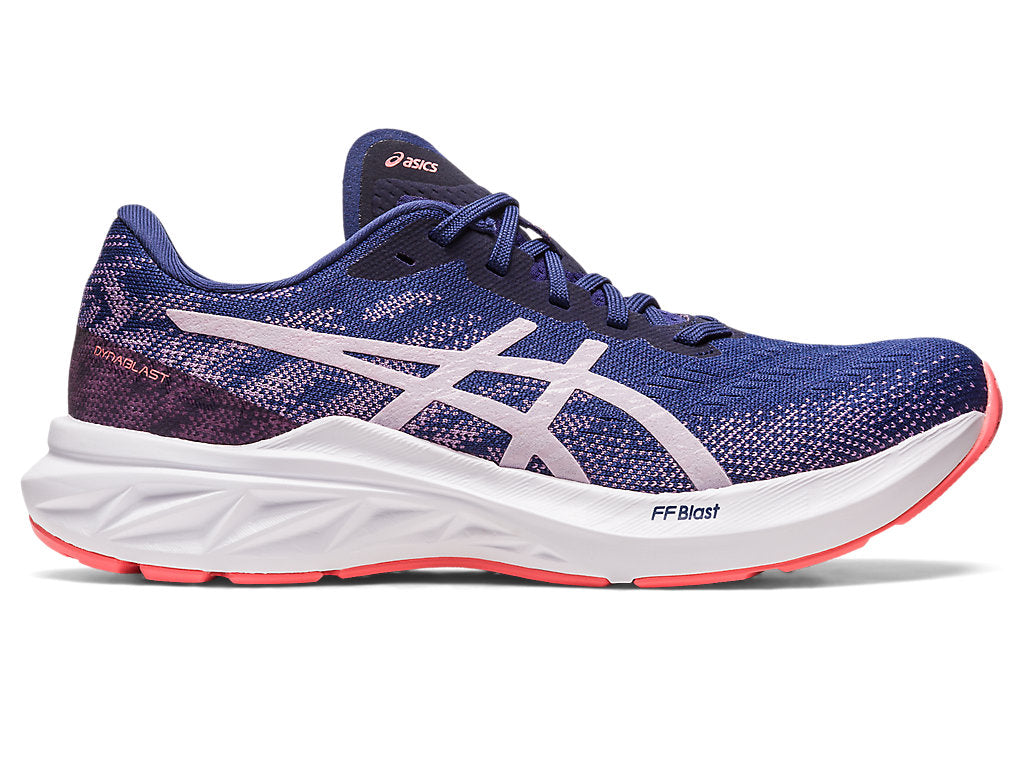 Side view on white background of Womens Asics Dynablast 3 running shoe in Indigo Blue/Dusk Violet, Medium (Regular) width