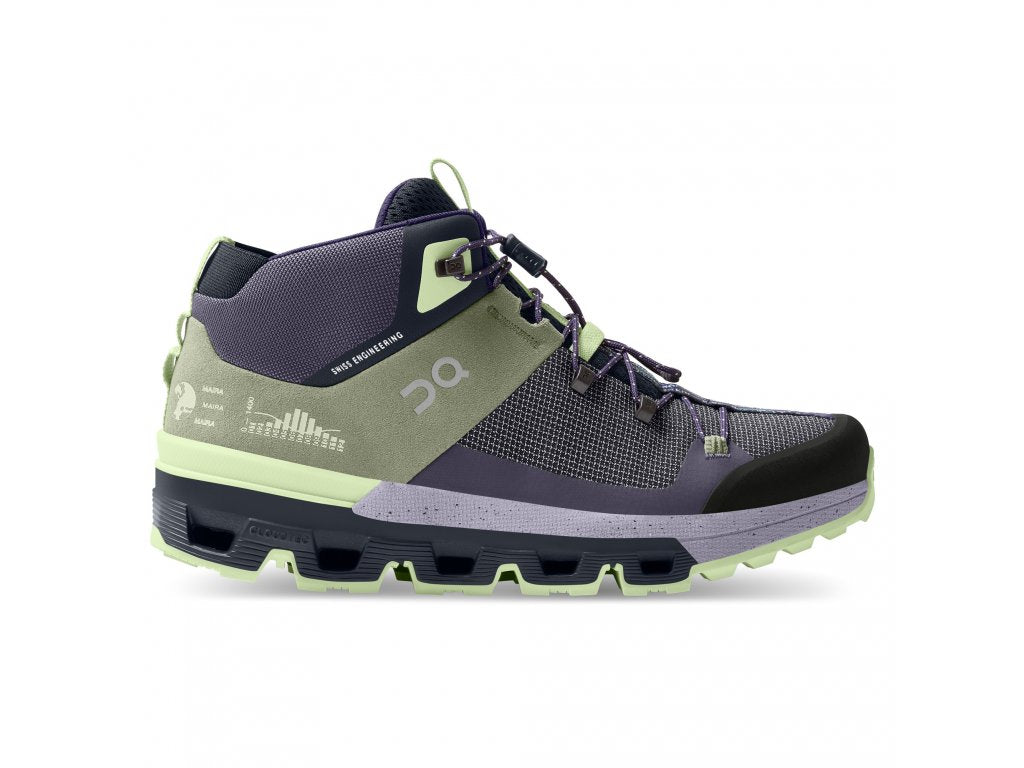 Side view on white background of Womens On Cloudtrax running shoe in Reseda/Lavender, Medium (Regular) width