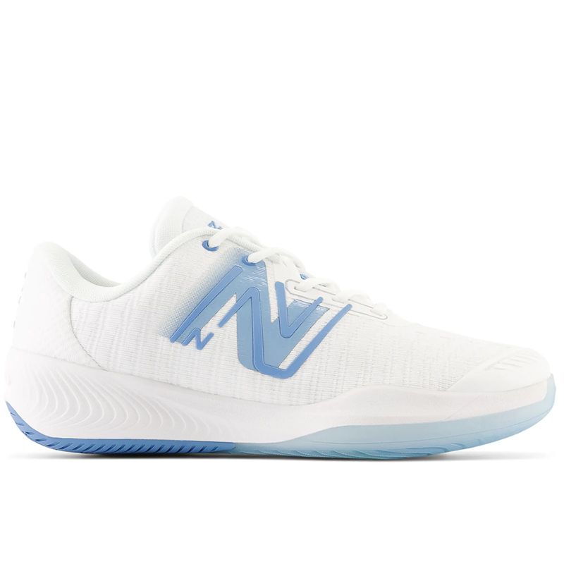 Side view on white background of Womens New Balance FuelCell 996v5 running shoe in White/Navy/Hi-lite, Medium (Regular) width