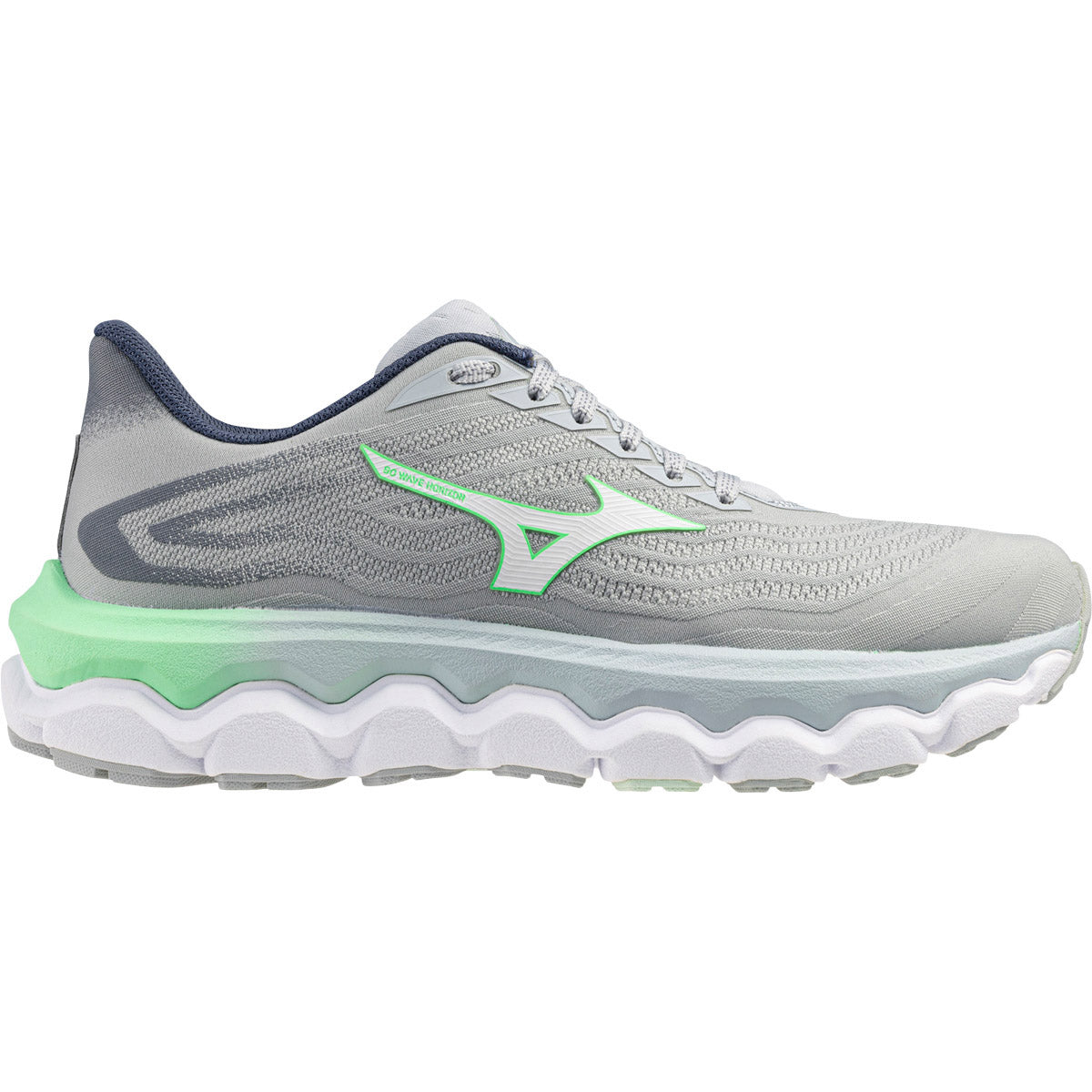 Side view on white background of Womens Mizuno Wave Horizon 8 running shoe in Pearl Blue/White, Medium (Regular) width