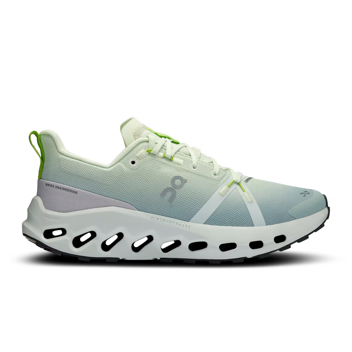 Side view on white background of Womens On Cloudsurfer Trail WP running shoe in Lima/Mineral, Medium (Regular) width