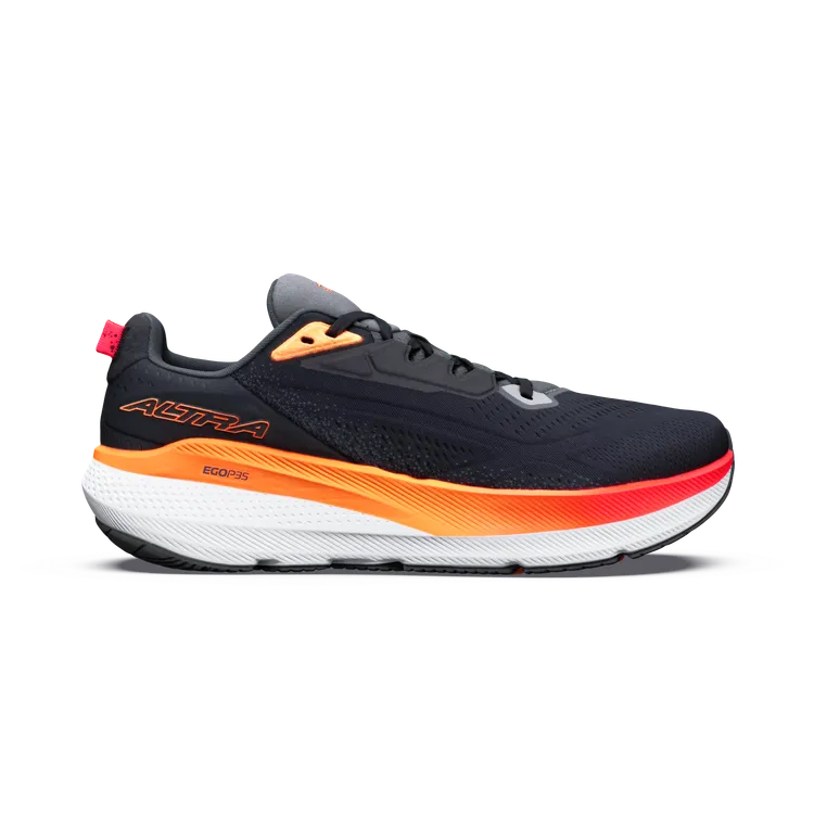 Side view on white background of Mens Altra FWD Via 2 running shoe in Black/Orange Pop/Fiery Coral, Medium (Regular) width
