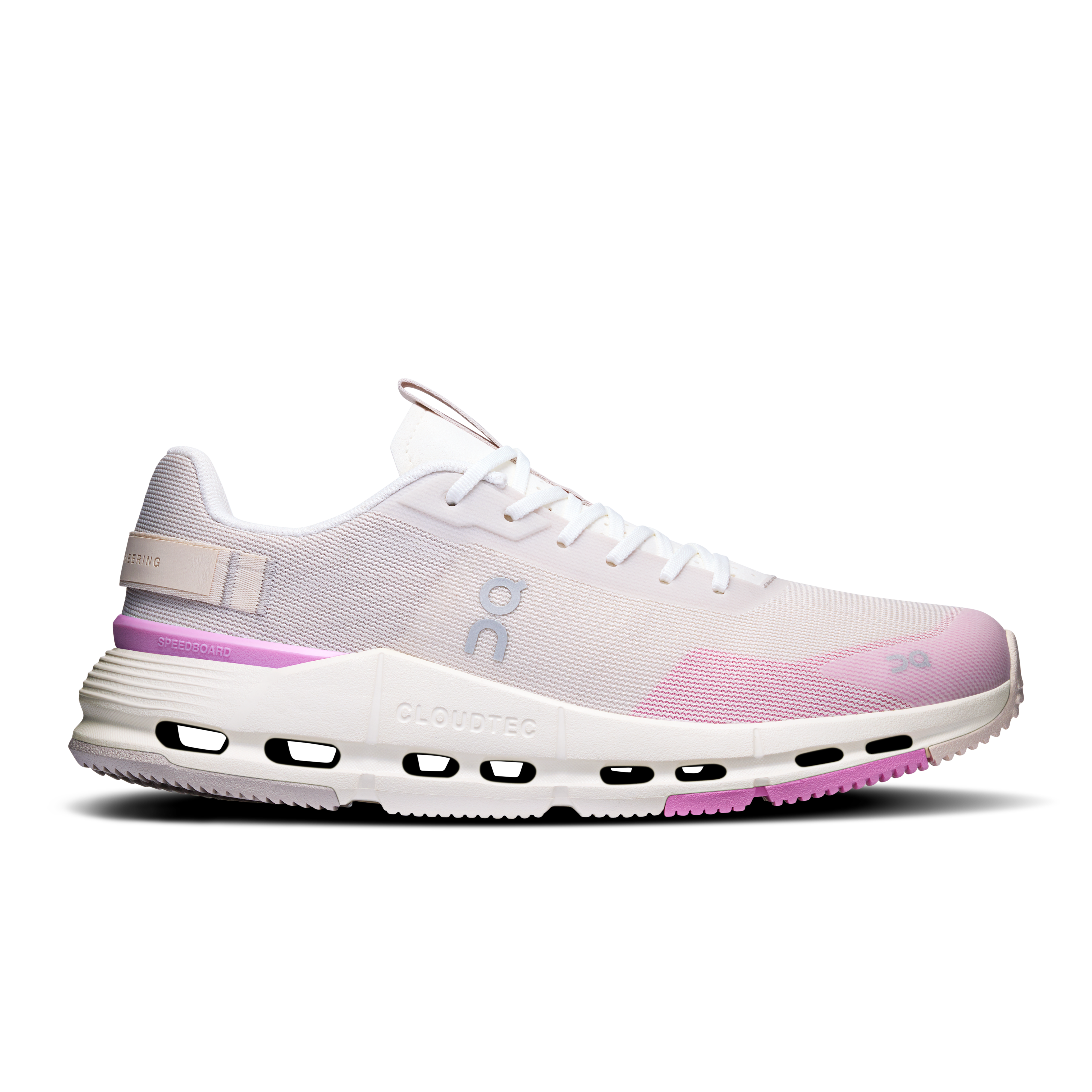 Side view on white background of Womens On Cloudnova Form 2 running shoe in Pearl/Raspberry, Medium (Regular) width