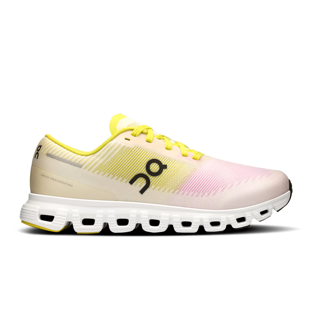Side view on white background of Womens On Cloud 6 Push running shoe in Petal/Lime, Medium (Regular) width