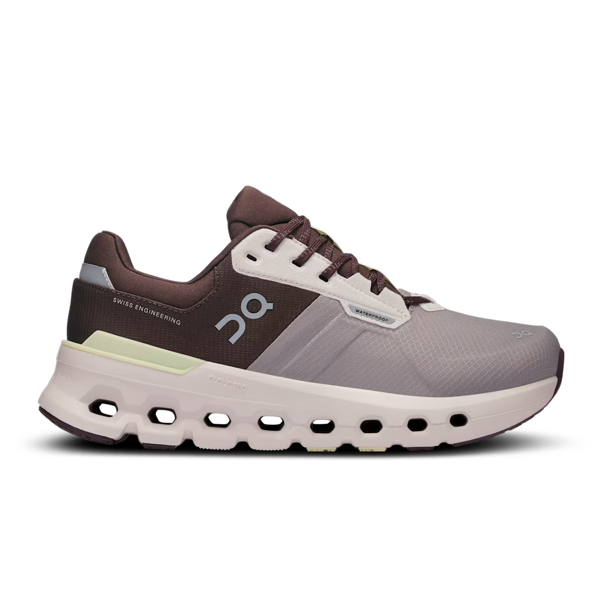 Side view on white background of Womens On Cloudrunner 2 Waterproof running shoe in Zinc/Seedling, Medium (Regular) width