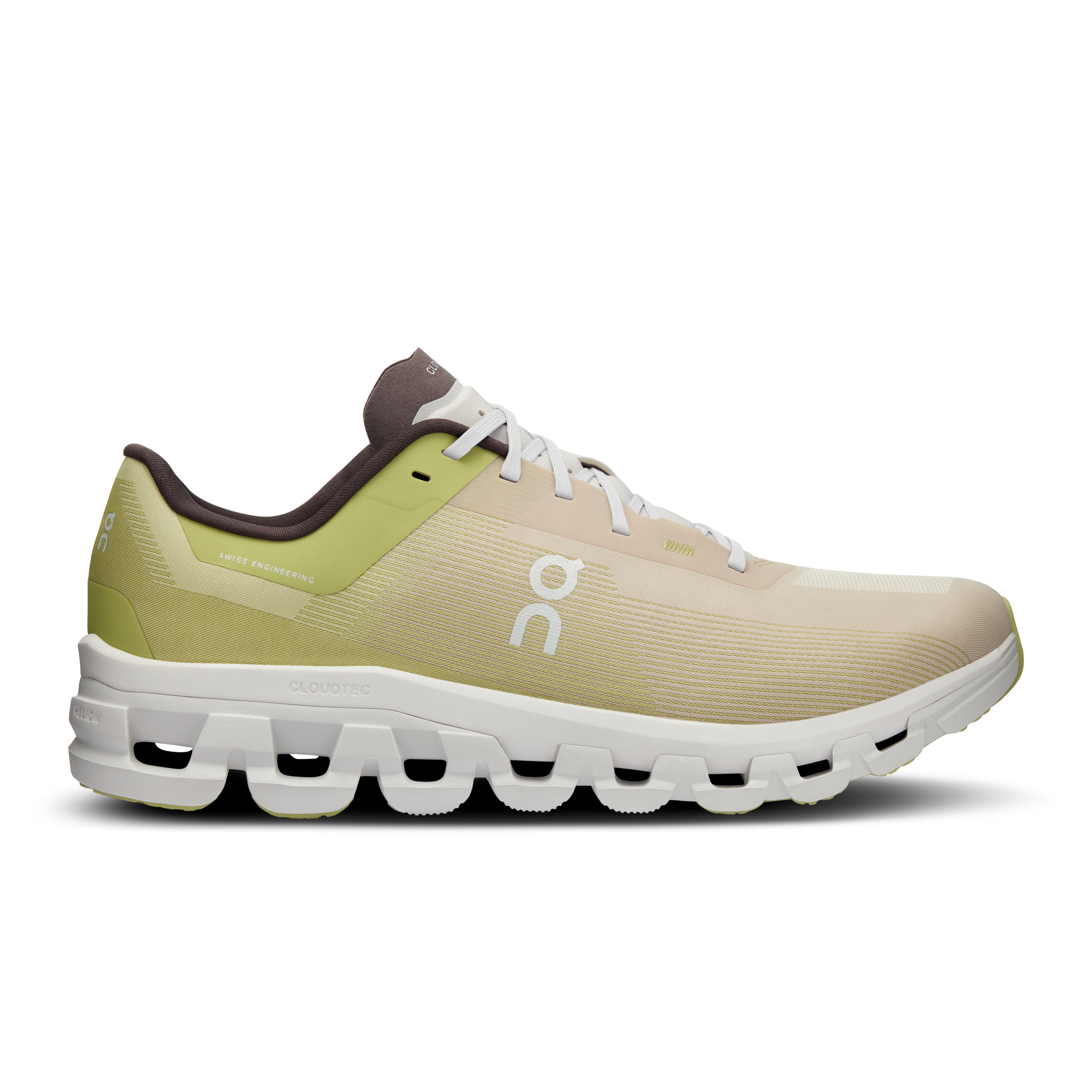 Side view on white background of Mens On Cloudflow 4 running shoe in Zest/Frost, Medium (Regular) width