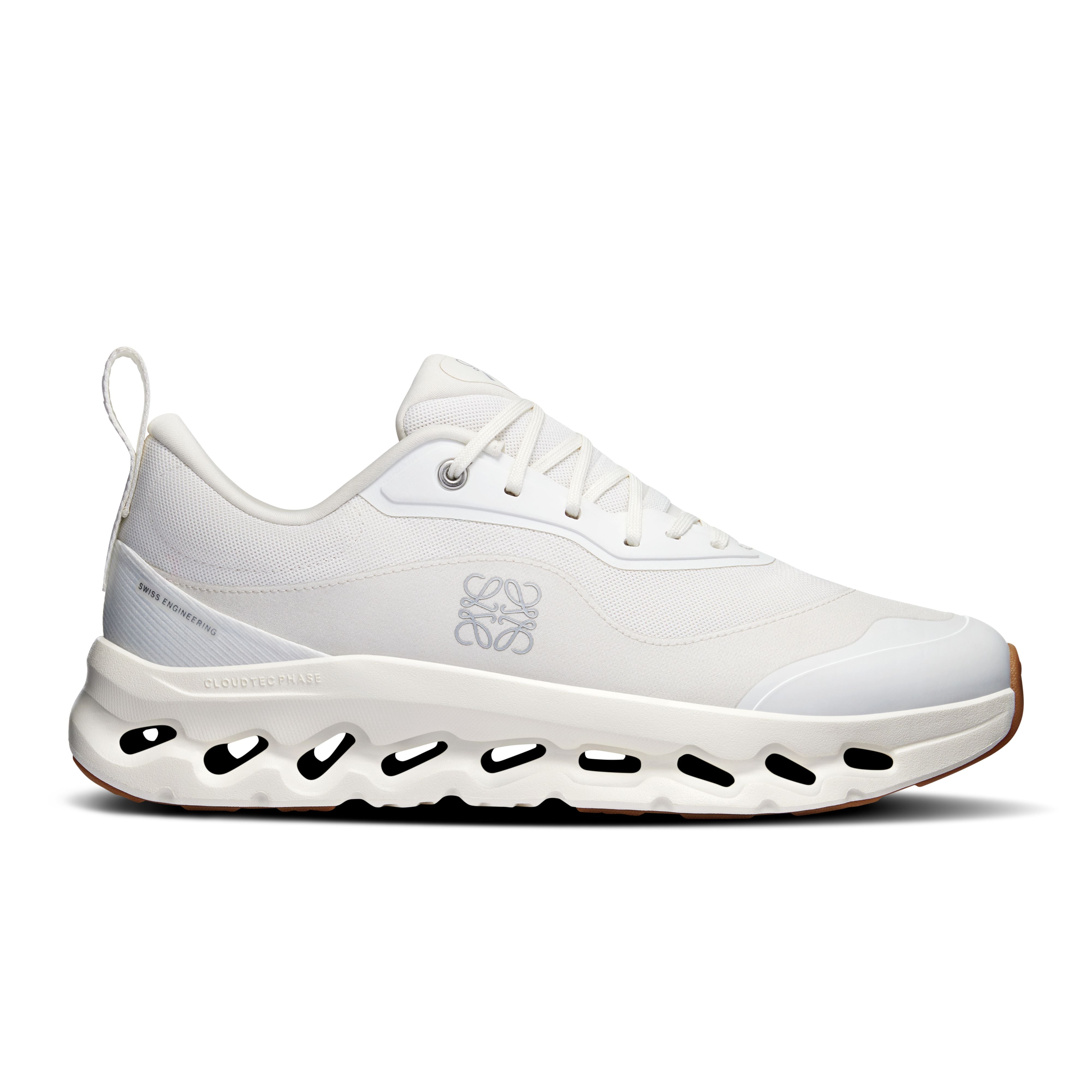 Side view on white background of Mens On Cloudtilt LOEWE 2 running shoe in All White, Medium (Regular) width