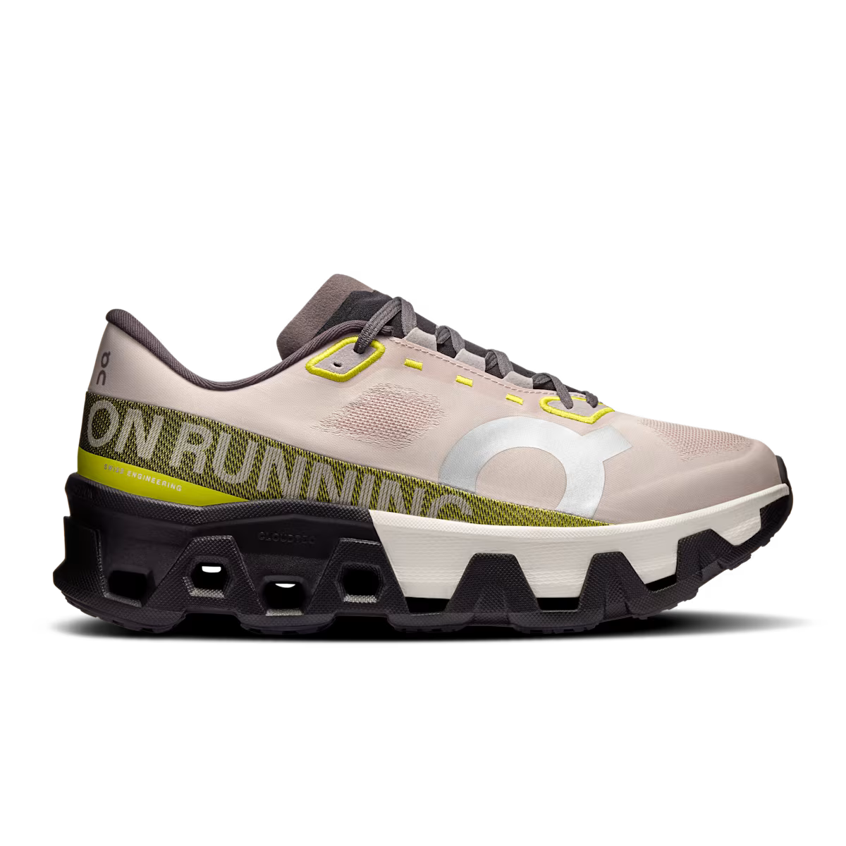 Side view on white background of Mens On Cloudmonster Hyper running shoe in Fade/Lime, Medium (Regular) width