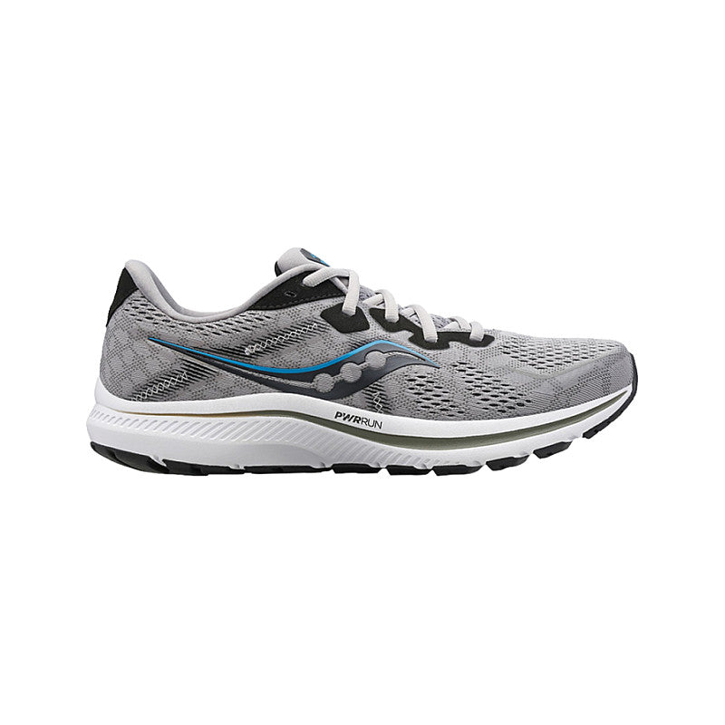 Side view on white background of Mens Saucony Omni 21 running shoe in Alloy and Topaz, Medium (Regular) width