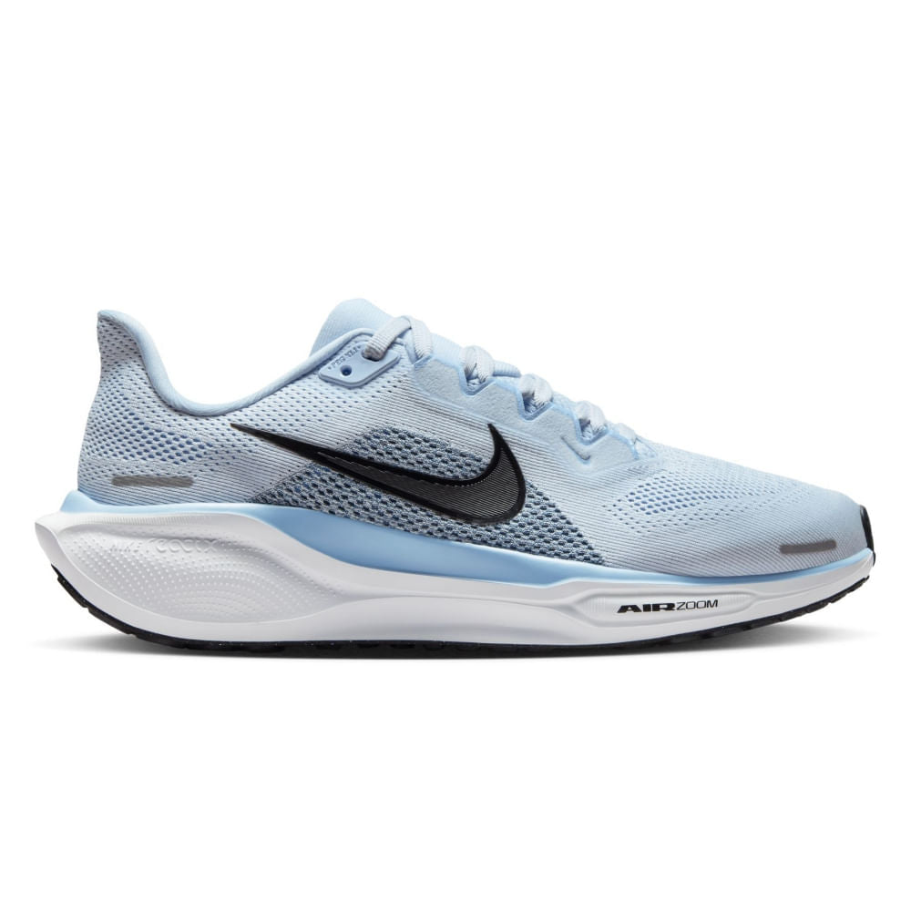Side view on white background of Womens Nike Pegasus 41 running shoe in Blue Tint/Black-Psychic Blue, Wide width