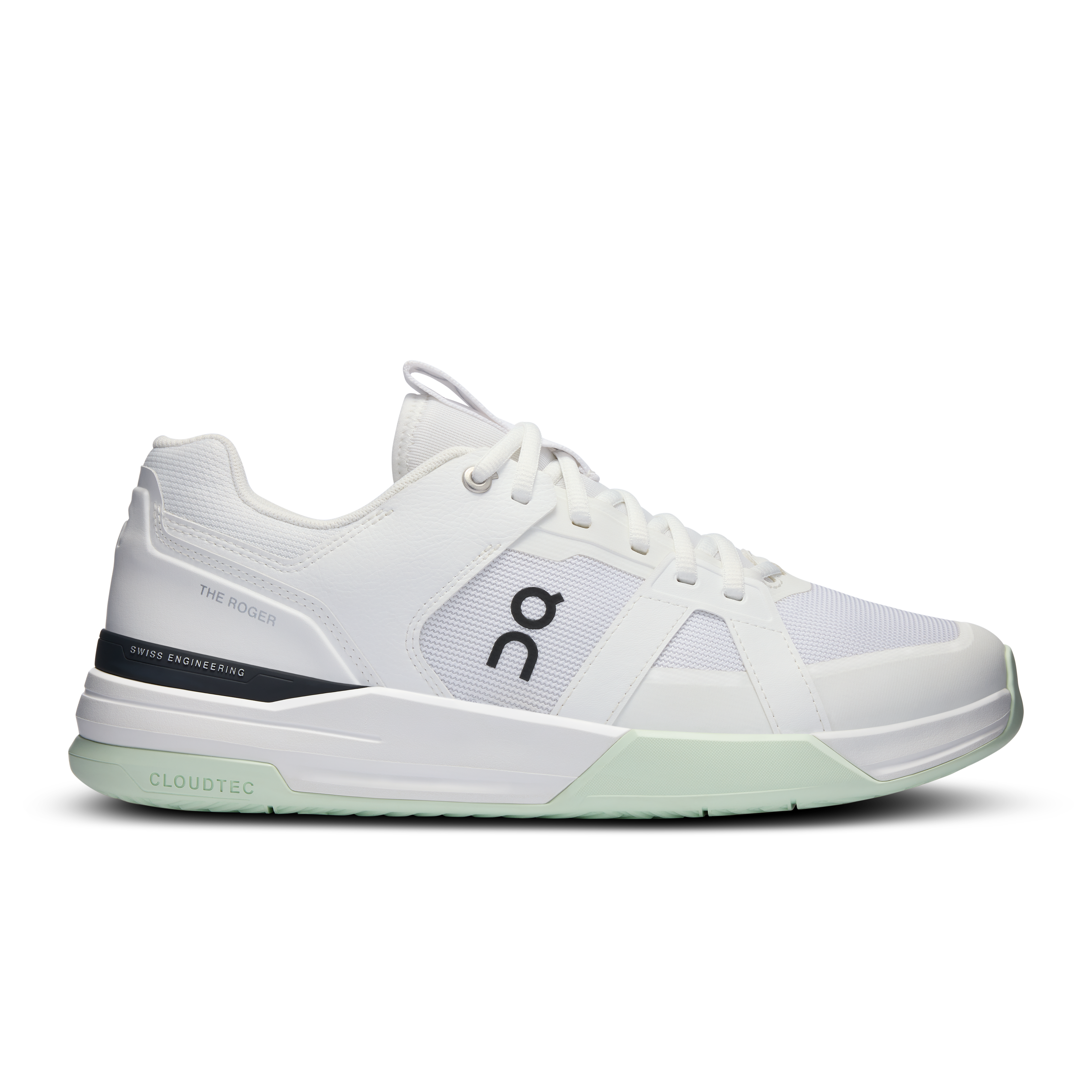 Side view on white background of Mens On The Roger Clubhouse Pro running shoe in White/Lima, Medium (Regular) width