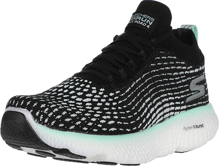 Side view on white background of Mens Skechers Go Run MaxRoad 4 running shoe in Black/Turquiose, Medium (Regular) width