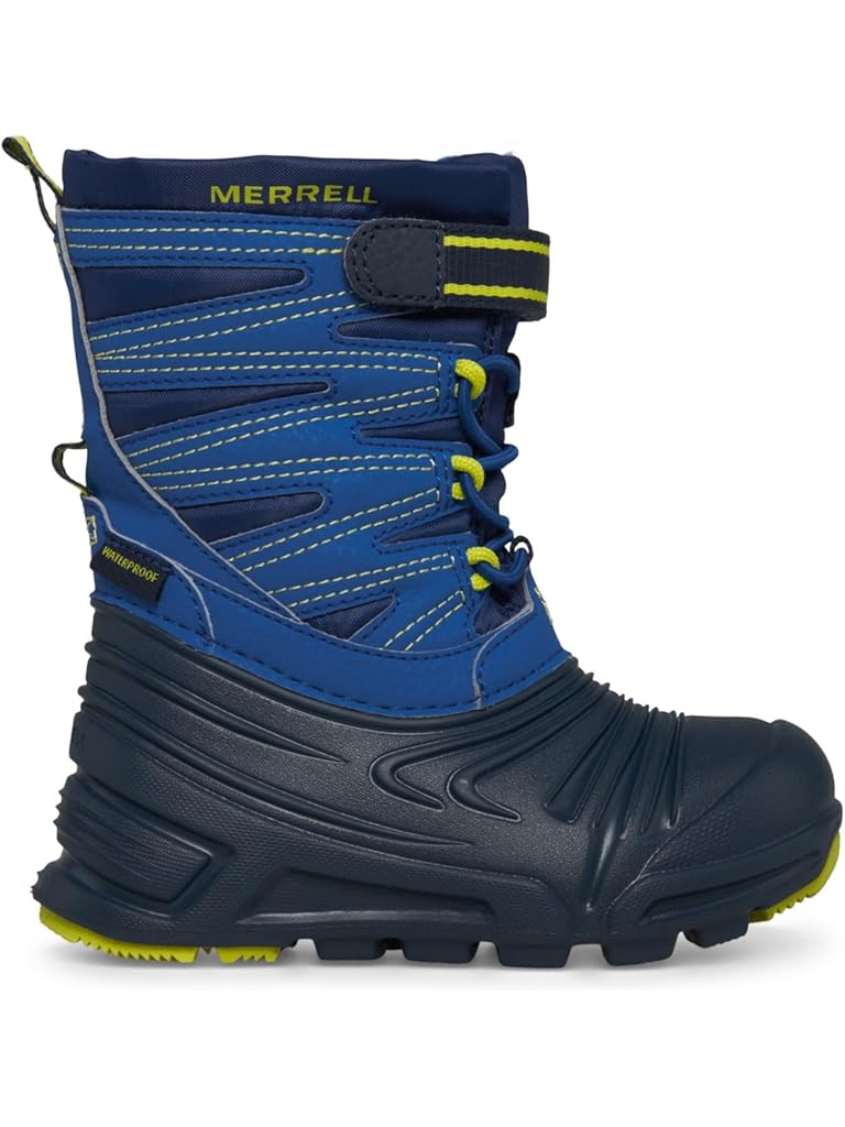 Side view on white background of Toddler Merrell Snow Quest Lite 3.0 Jr running shoe in Blue/Green, Medium (Regular) width