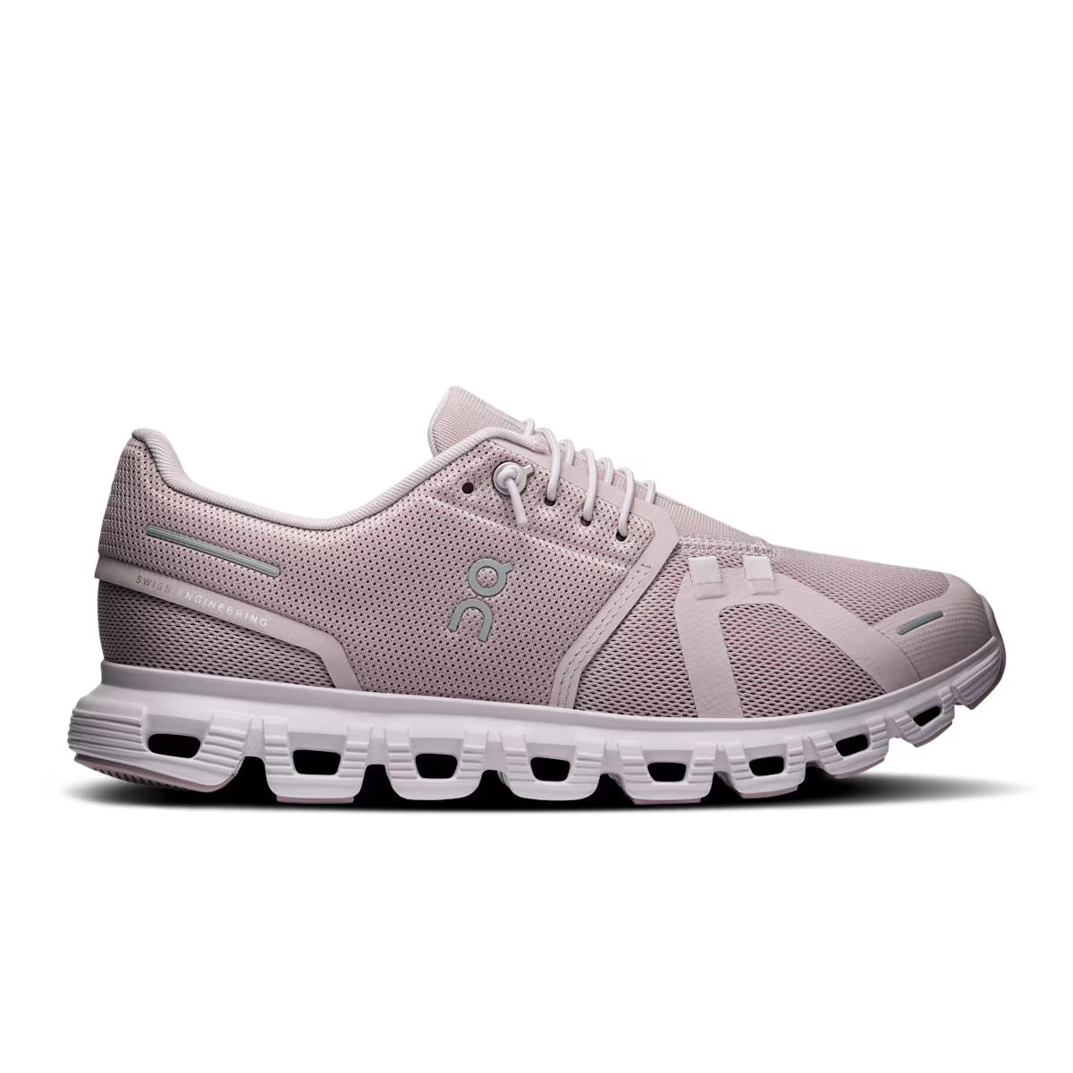 Side view on white background of Womens On Cloud 6 running shoe in Mauve/Orchid, Medium (Regular) width