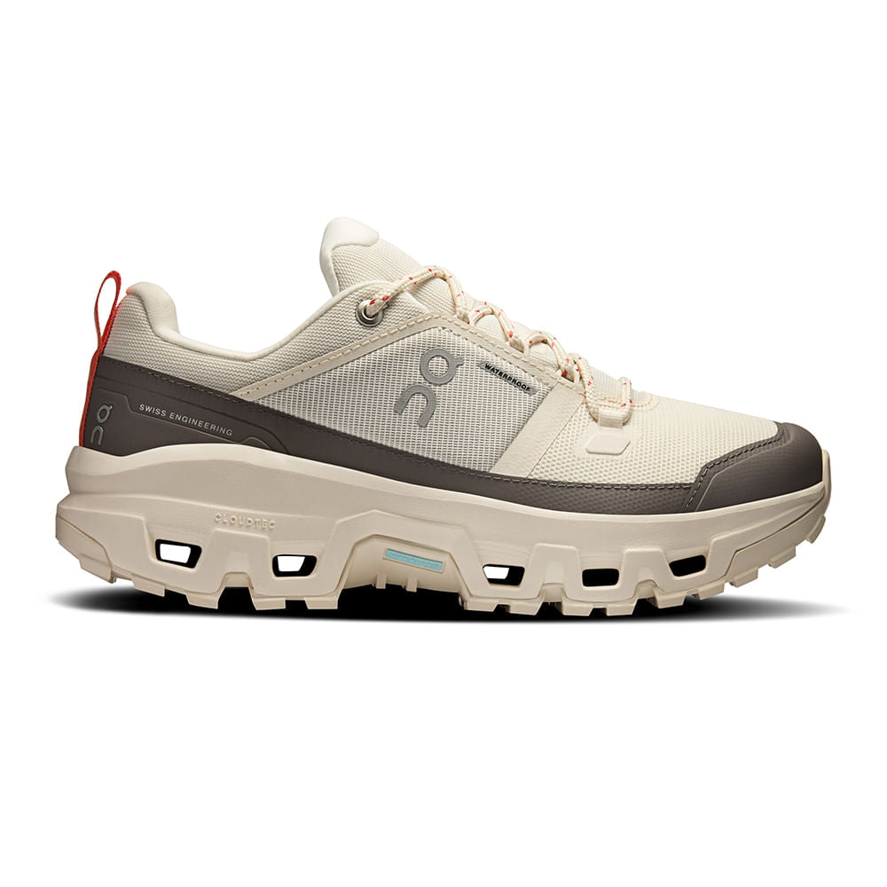Side view on white background of Womens On Cloudrock Low WP running shoe in Ivory/Ivory, Medium (Regular) width