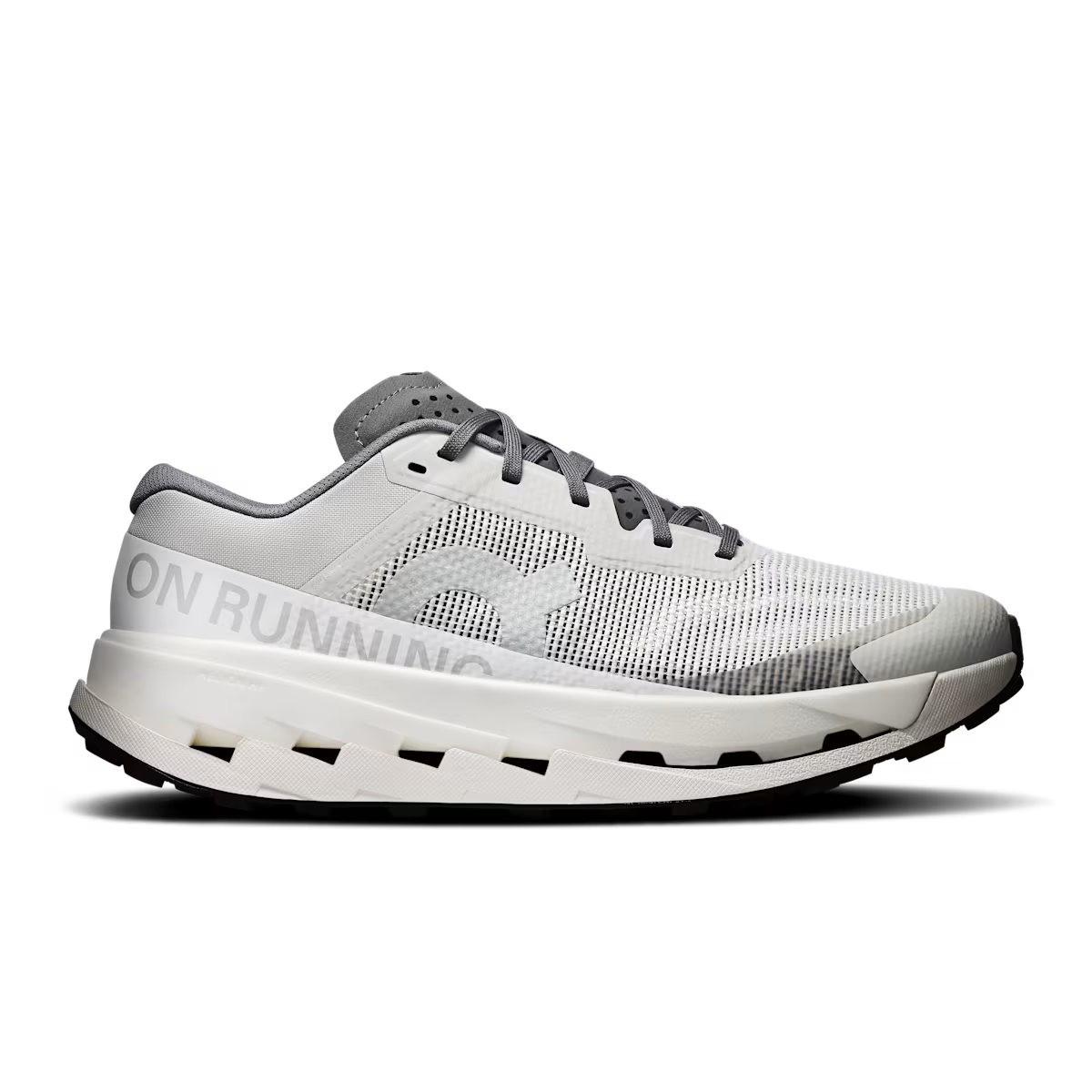 Side view on white background of Mens On Cloudultra 3 running shoe in Rock/White, Medium (Regular) width
