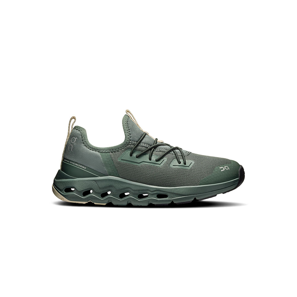 Side view on white background of Kids On Cloudleap running shoe in Olive/Ghost, Medium (Regular) width