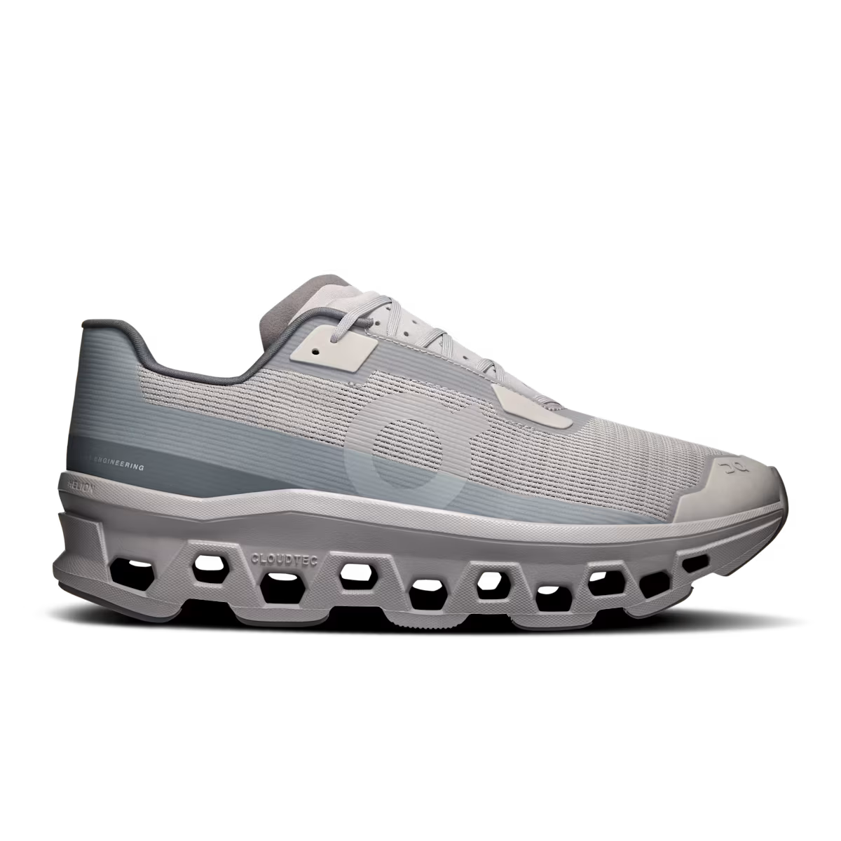 Side view on white background of Mens On Cloudmonster Void running shoe in Alloy/Glacier, Medium (Regular) width