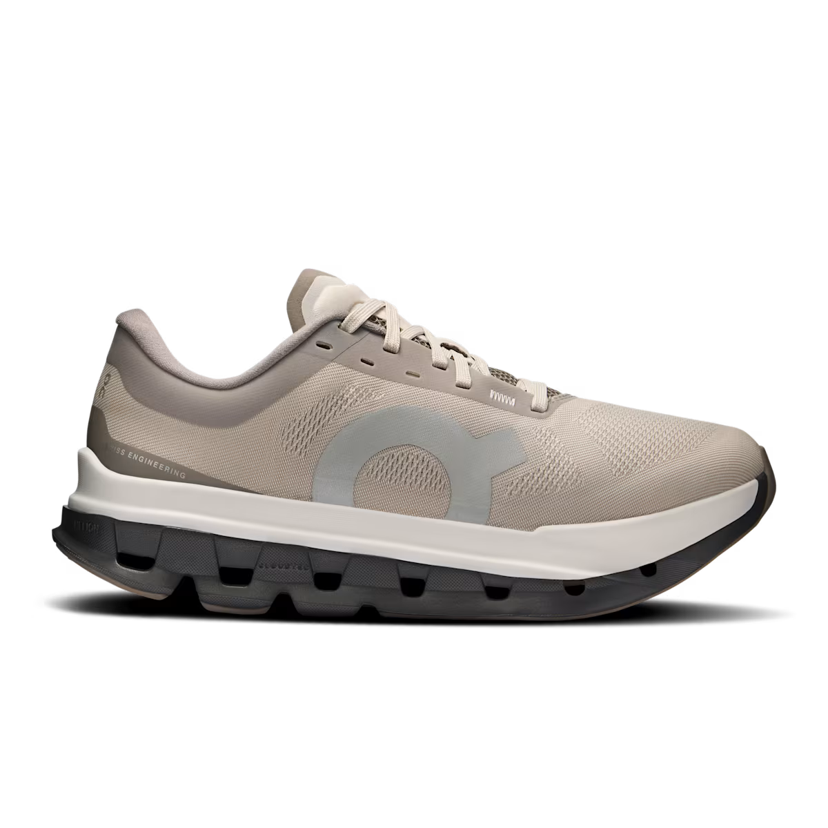 Side view on white background of Womens On Cloudflow 5 running shoe in Fog/Eclipse, Medium (Regular) width