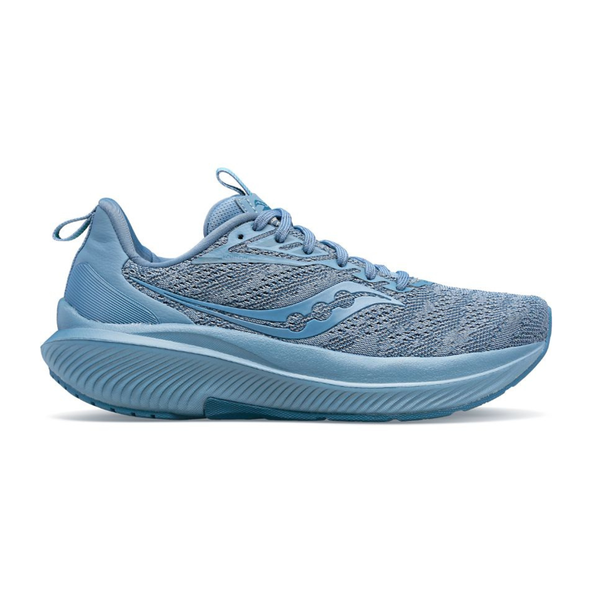 Side view on white background of Womens Saucony Echelon 9 running shoe in Blue, Wide width