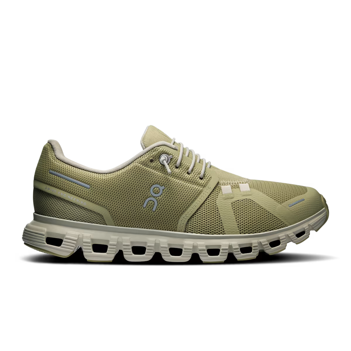 Side view on white background of Womens On Cloud 6 running shoe in Caper/Ice, Medium (Regular) width