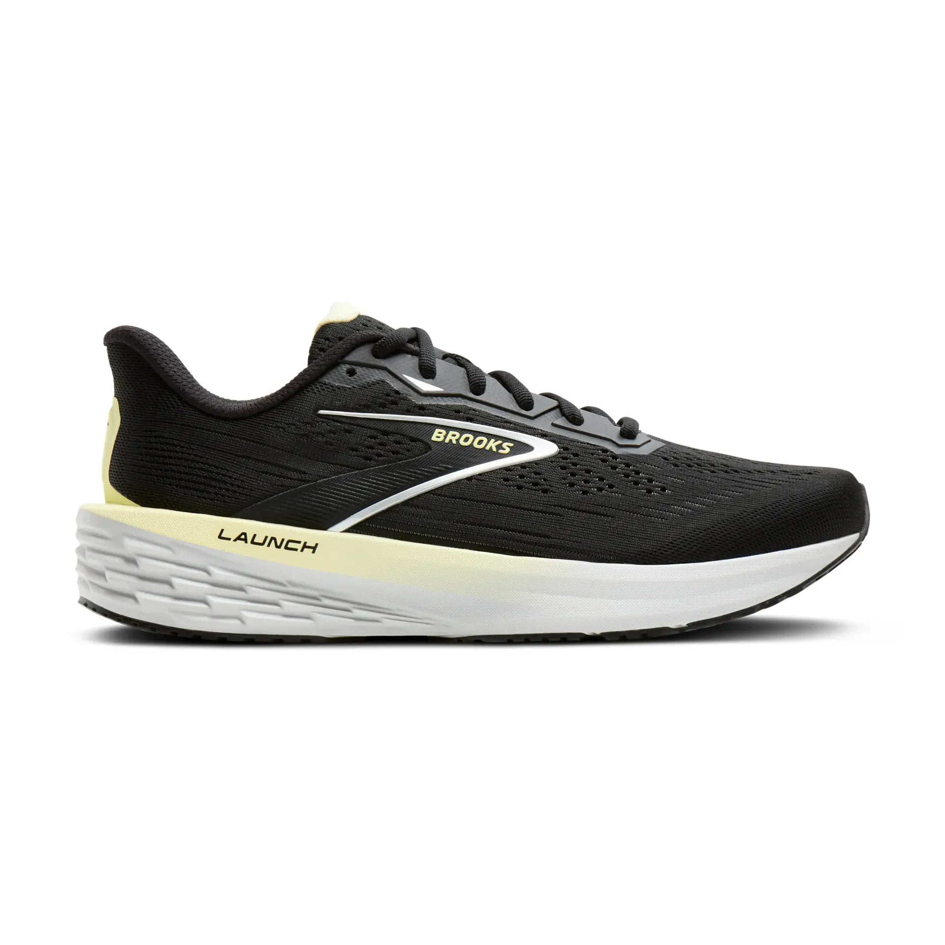 Side view on white background of Womens Brooks Launch 12 running shoe in Black/Luminary/Oyster, Medium (Regular) width