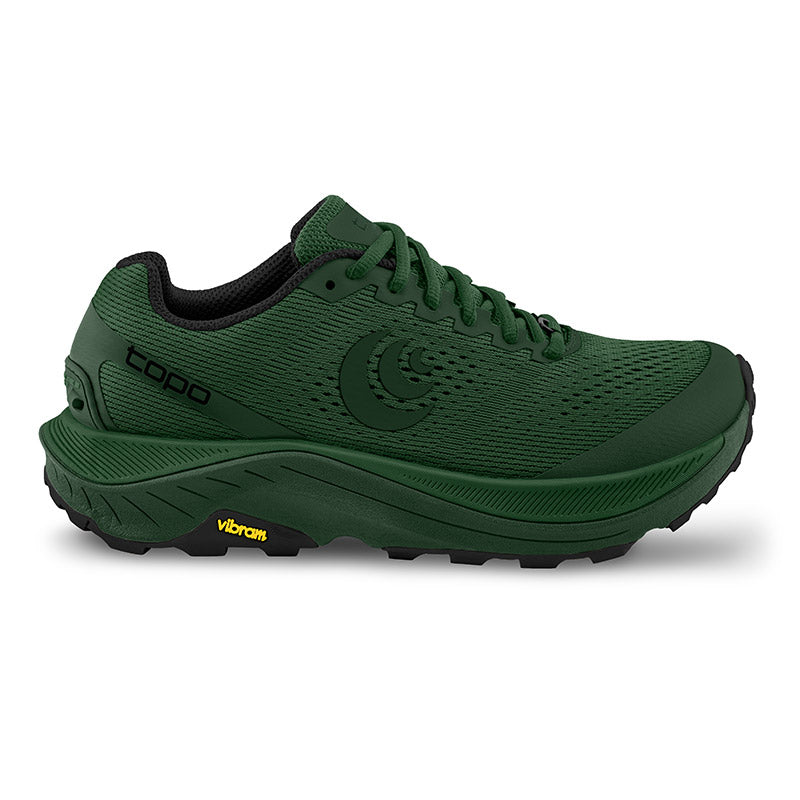 Side view on white background of Mens Topo Athletic Ultraventure 3 running shoe in Green/Forest, Wide width