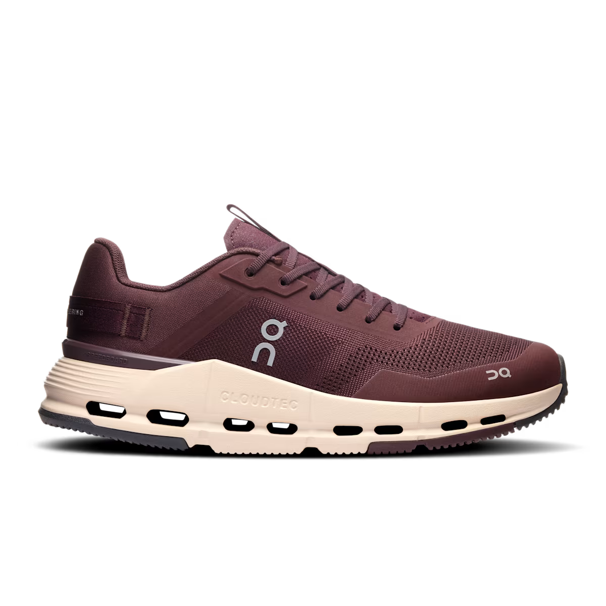 Side view on white background of Womens On Cloudnova Form 2 TT running shoe in Mulberry/Dew, Medium (Regular) width
