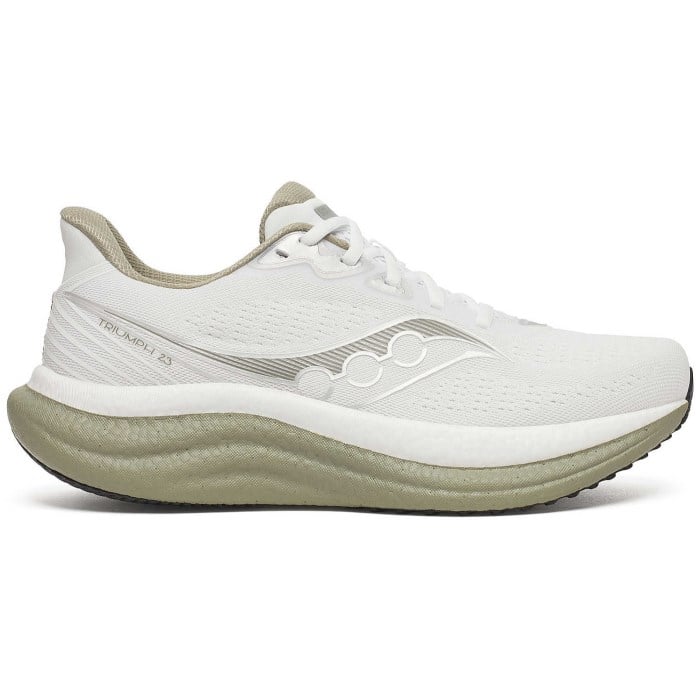 Side view on white background of Mens Saucony Triumph 23 running shoe in White/Laurel, Medium (Regular) width