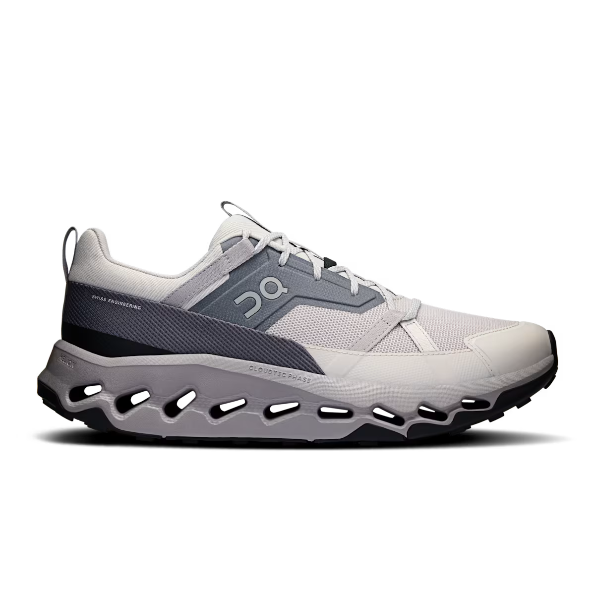 Side view on white background of Mens On Cloudhorizon running shoe in Glacier/Steel, Medium (Regular) width