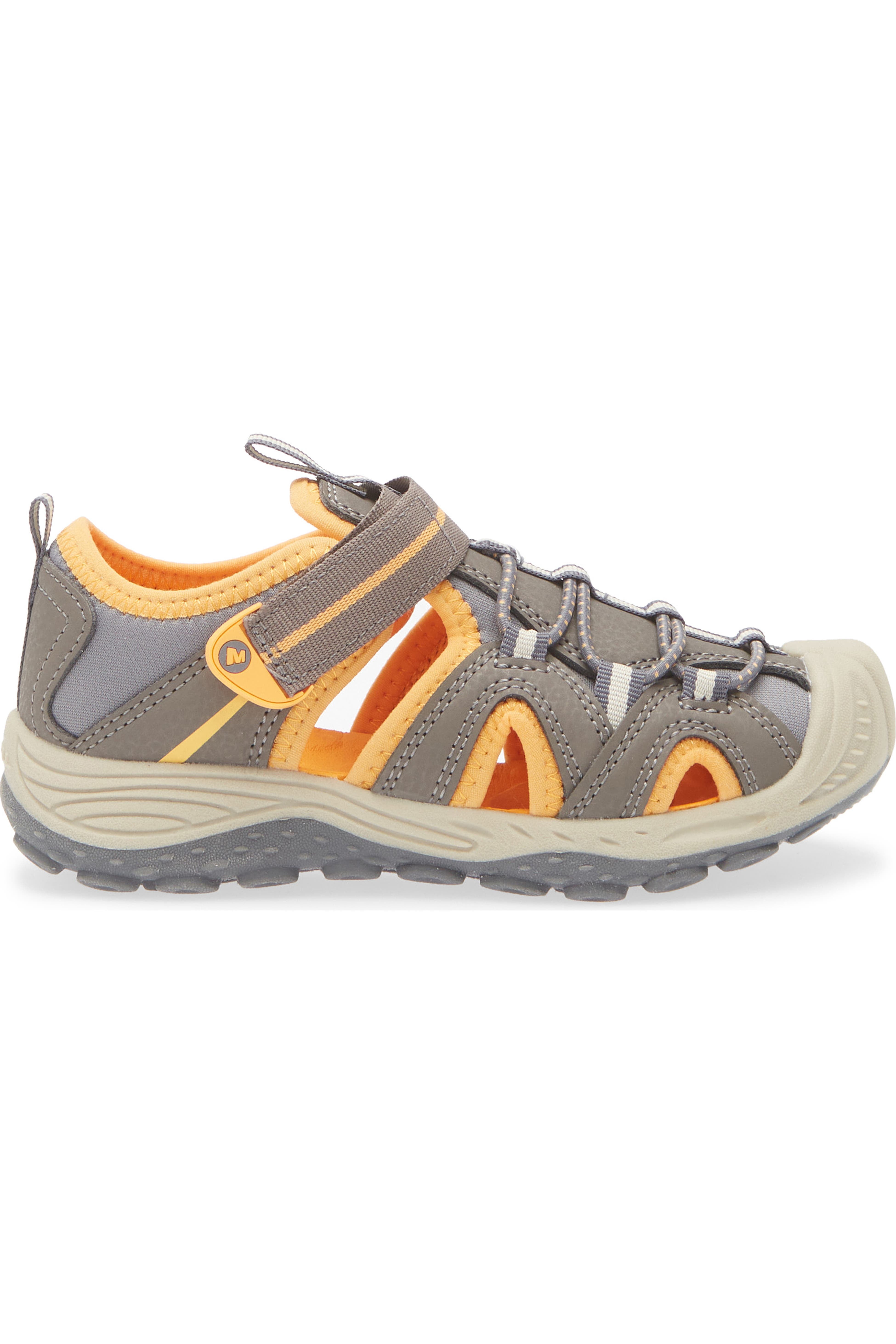 Side view on white background of Youth Merrell Hydro 2 running shoe in Brown/Orange, Medium (Regular) width