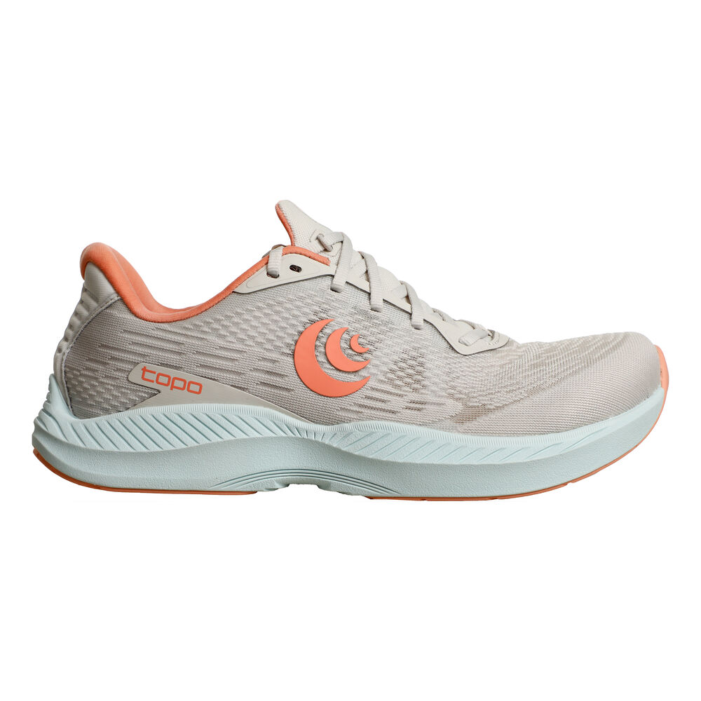 Side view on white background of Womens Topo Athletic Fli-Lyte 5 running shoe in Green/Sky, Medium (Regular) width