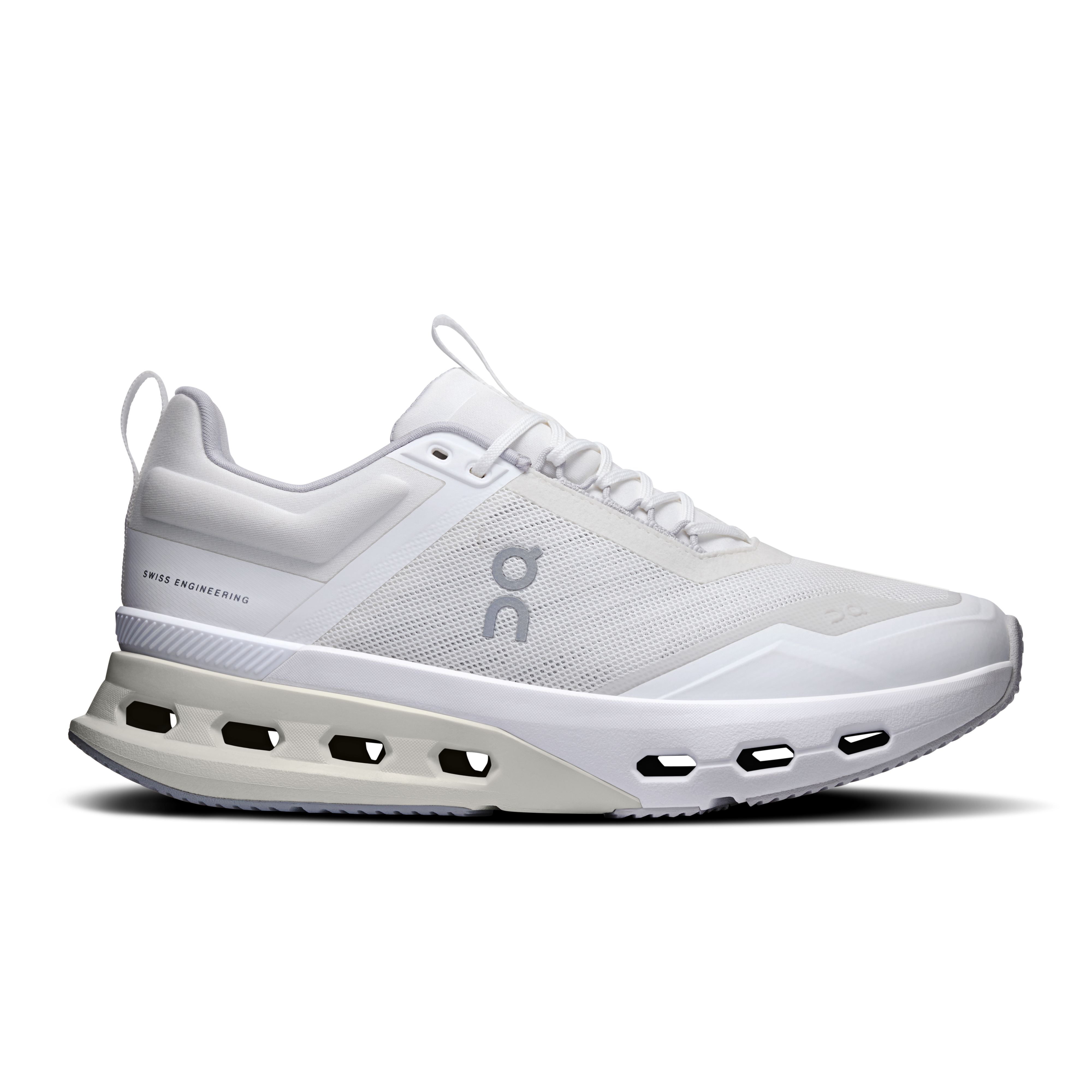 Side view on white background of Womens On Cloudnova X running shoe in White/Glacier, Medium (Regular) width
