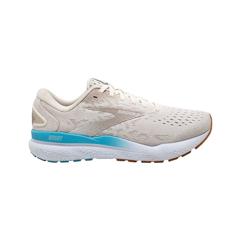Side view on white background of Womens Brooks Ghost 16 running shoe in Coconut and Chateau Grey and Blue, Medium width