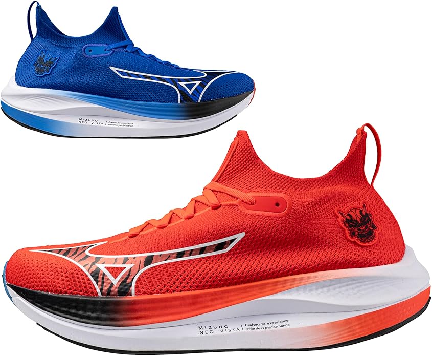 Side view on white background of Mens Mizuno Neo Vista running shoe in Ignition Red/Black, Medium (Regular) width