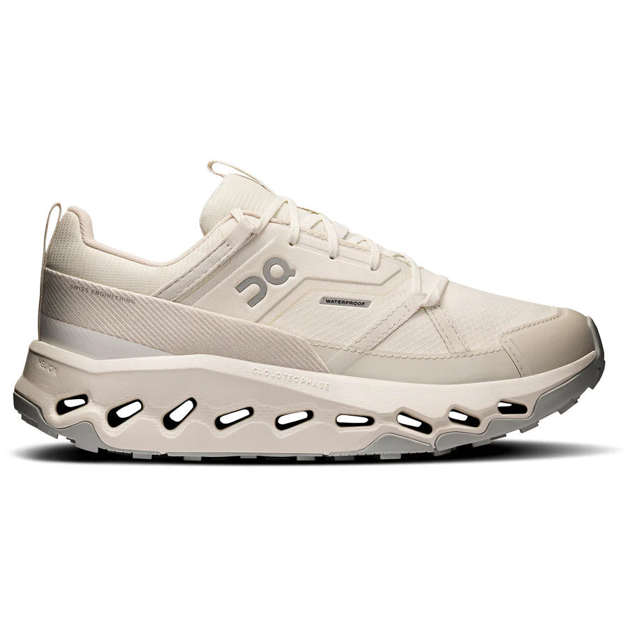 Side view on white background of Womens On Cloudhorizon Waterproof running shoe in Ivory/Ice, Medium (Regular) width