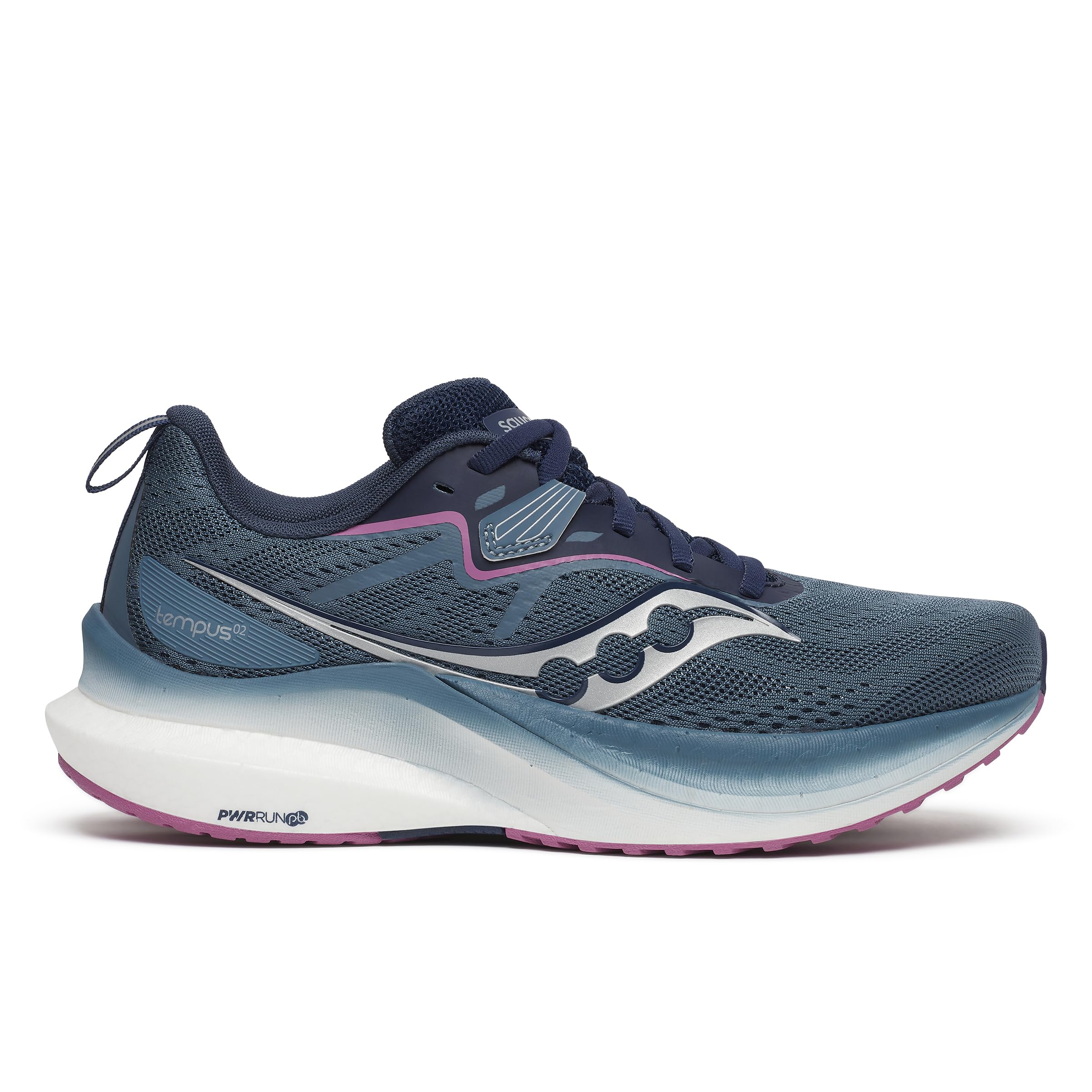 Side view on white background of Womens Saucony Tempus 2 running shoe in Mirage/Navy, Medium (Regular) width