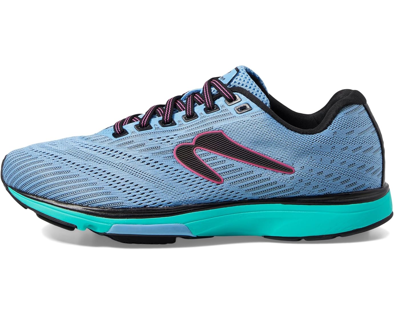 Side view on white background of Womens Newton Running Fate 10 running shoe in Blue/Aqua, Medium (Regular) width