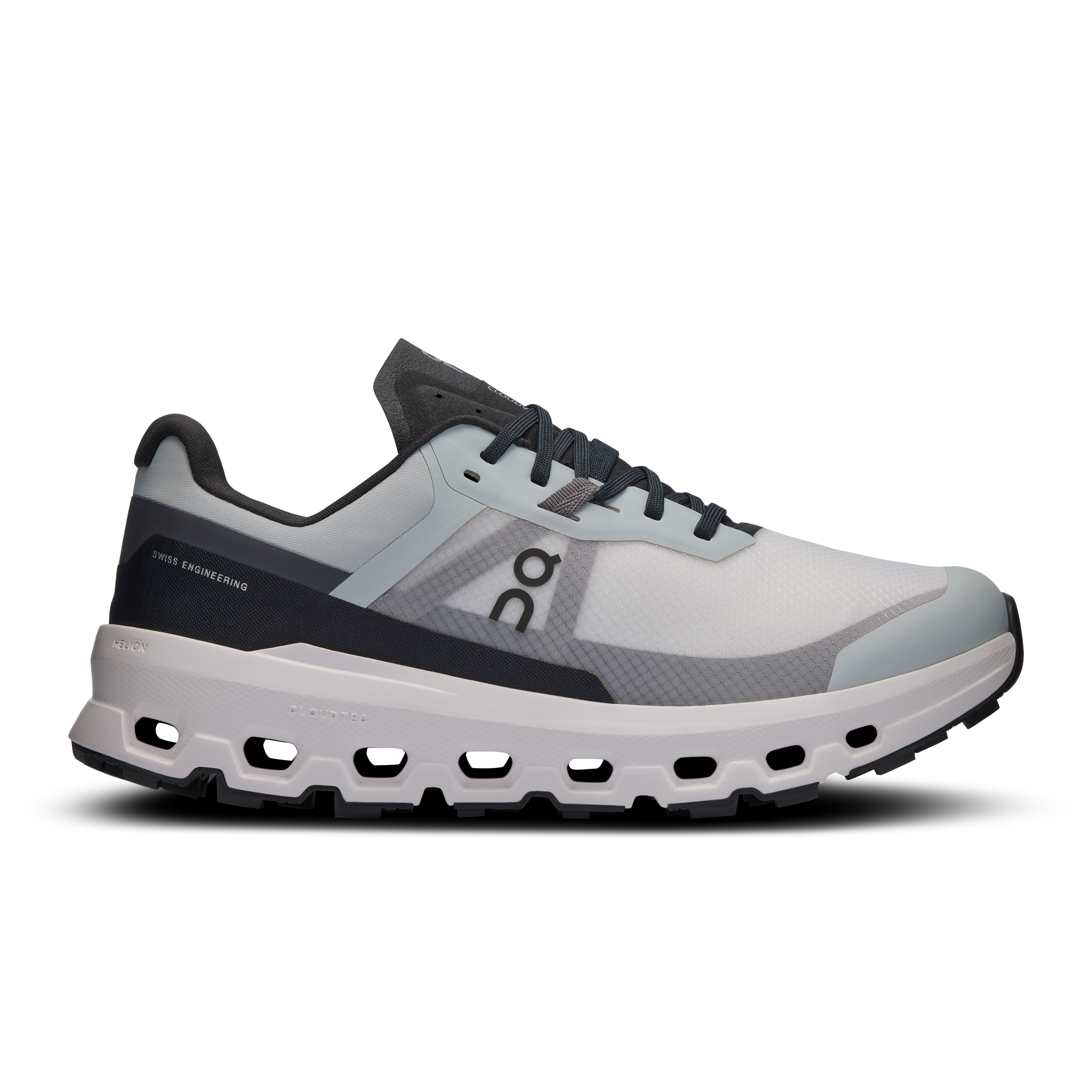 Side view on white background of Womens On Cloudvista 2 running shoe in Glacier/Eclipse, Medium (Regular) width