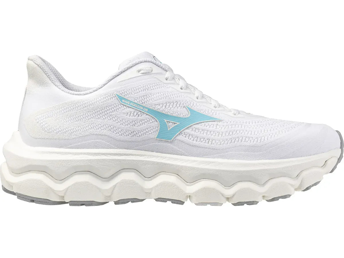 Side view on white background of Womens Mizuno Wave Horizon 8 running shoe in White/Tanager Turquoise, Medium (Regular) width