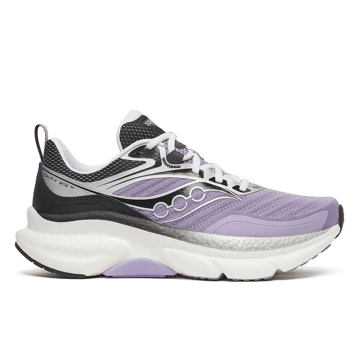 Side view on white background of Womens Saucony Omni ST 23 running shoe in Haze/Black, Medium (Regular) width