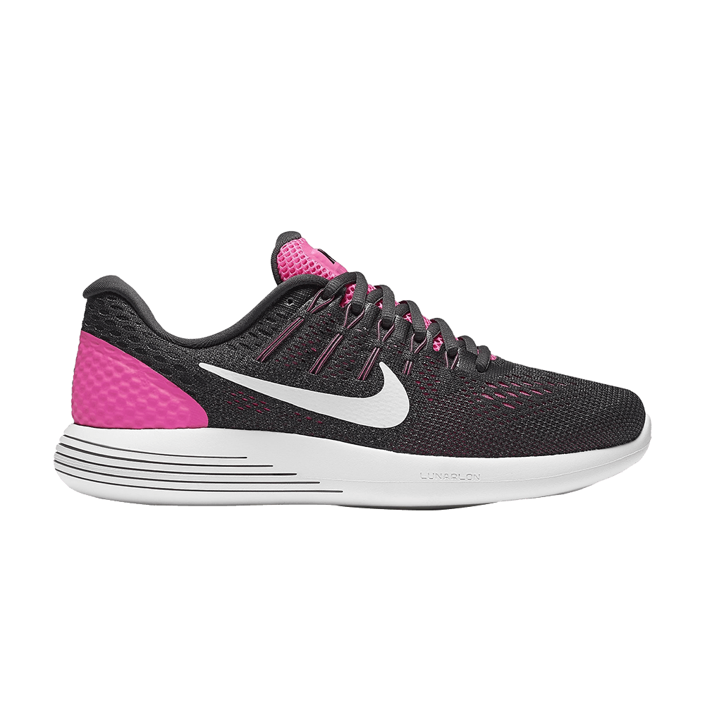 Side view on white background of Womens Nike Lunarglide 8 running shoe in Pink Blast/Summit White, Medium (Regular) width