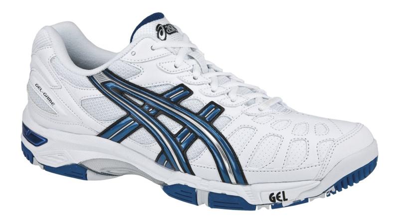 Side view on white background of Mens Asics Gel-Game 3 running shoe in White/Navy/Silver, Medium (Regular) width
