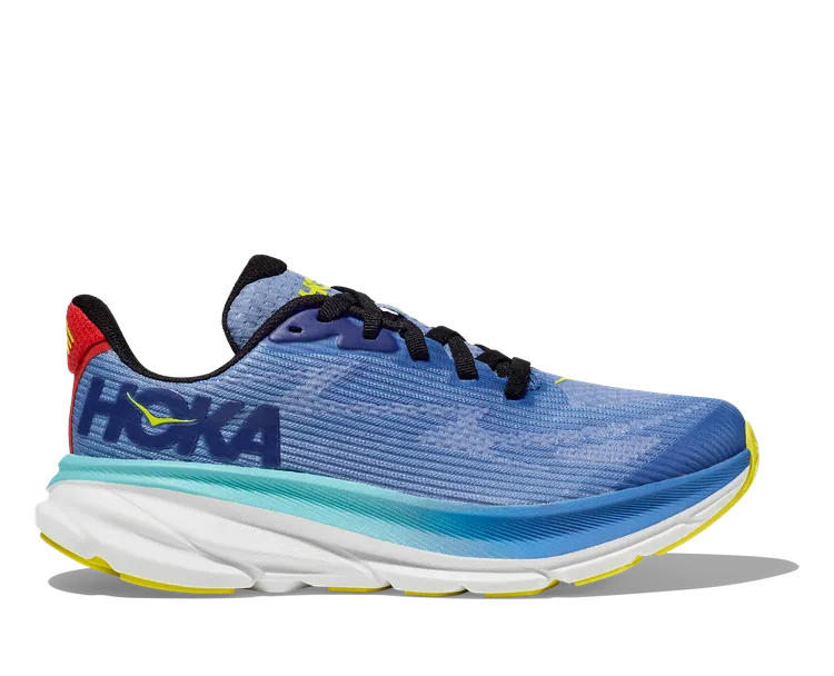 Side view on white background of Youth Hoka Clifton 9 running shoe in Vitrual Blue/Cerise, Medium (Regular) width
