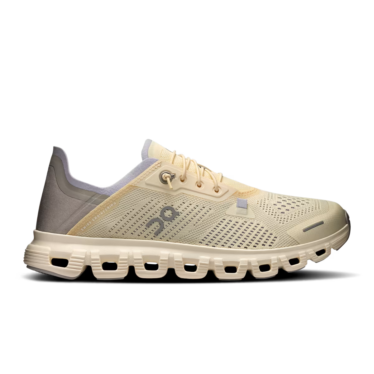 Side view on white background of Womens On Cloud 6 Coast running shoe in Castor/Fog, Medium (Regular) width