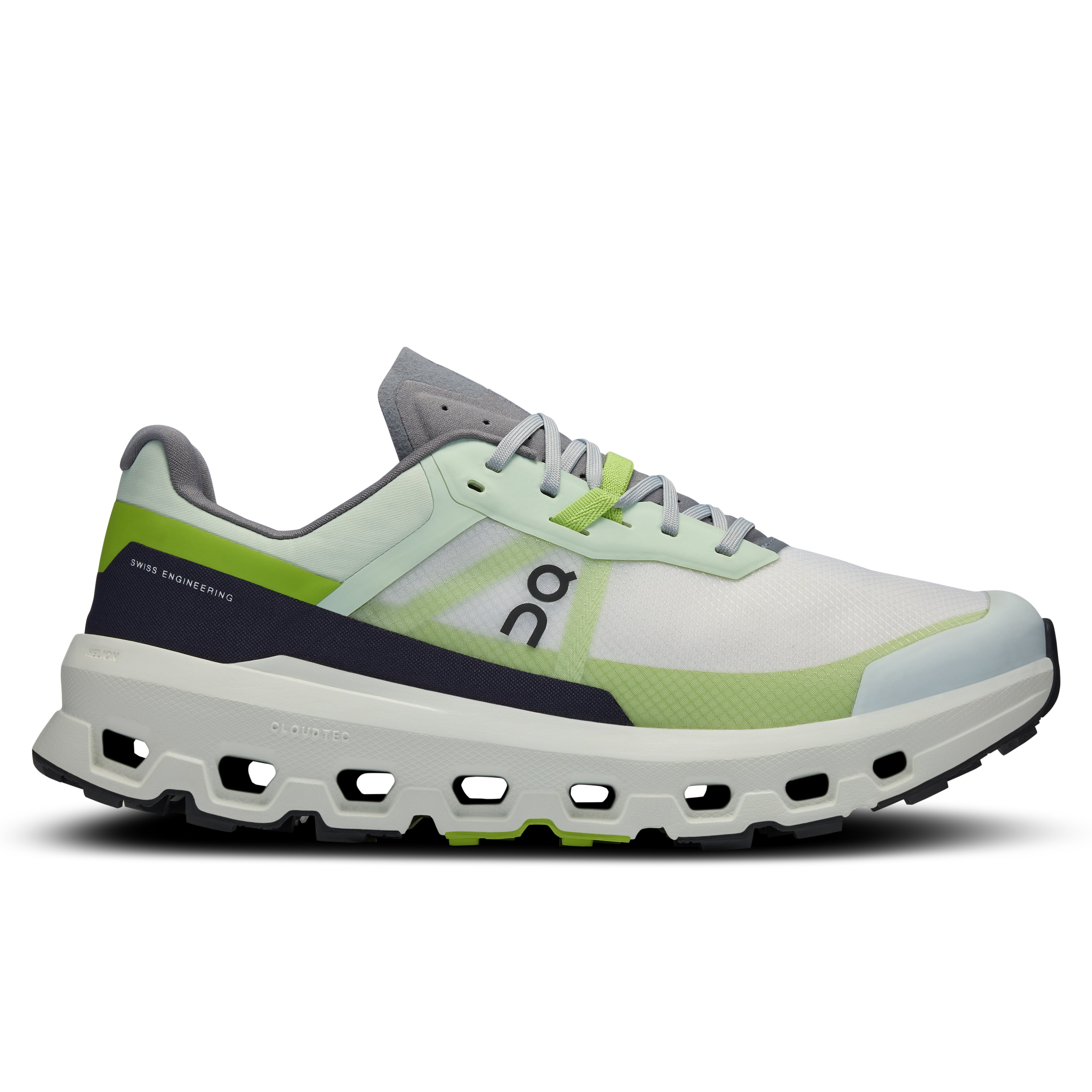 Side view on white background of Mens On Cloudvista 2 running shoe in Lima/Kiwi, Medium (Regular) width