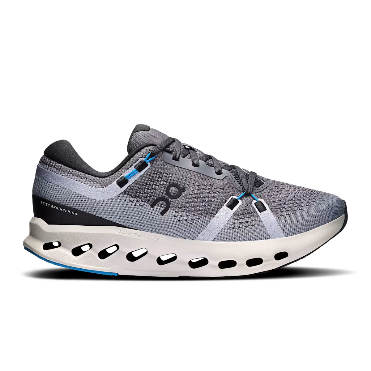 Side view on white background of Mens On Cloudsurfer running shoe in Black/Malibu, Medium (Regular) width